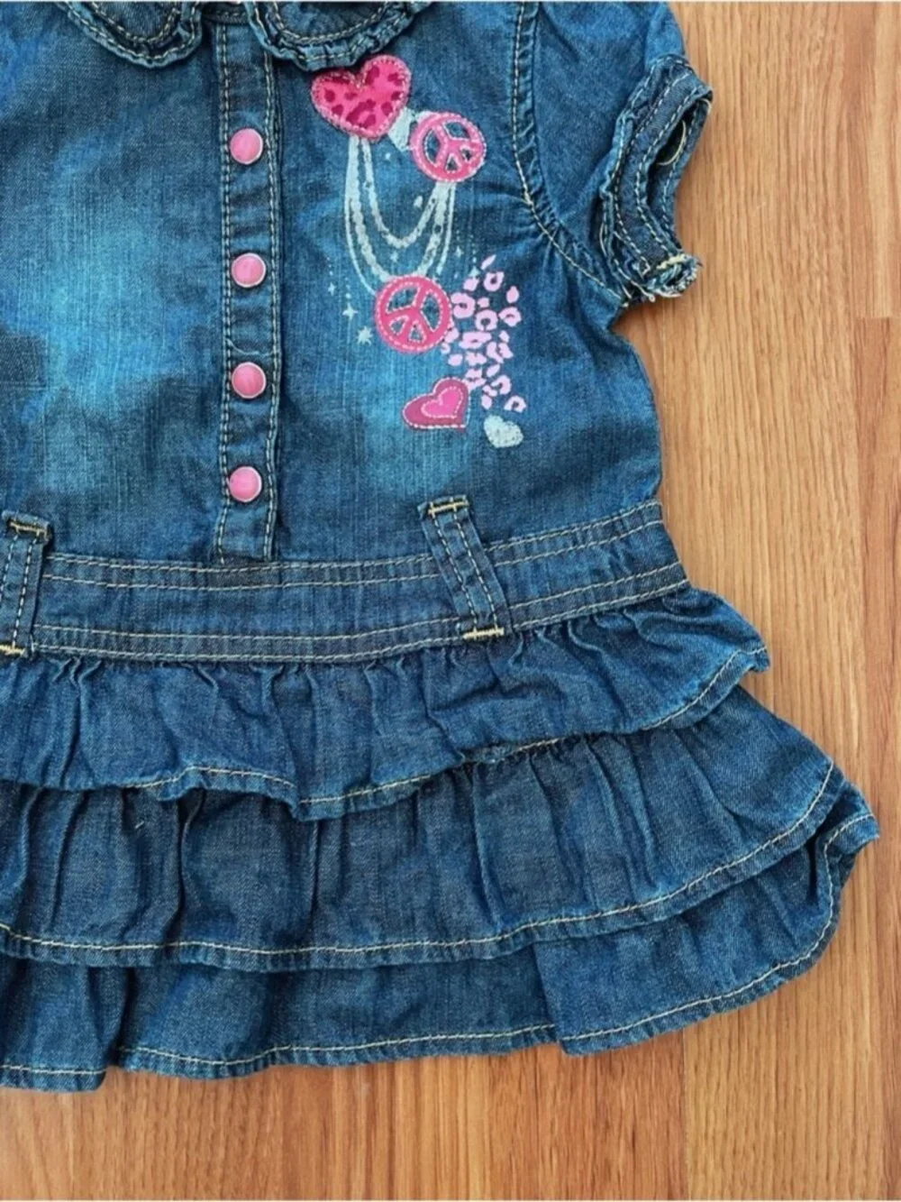 Children's Place Denim Ruffled Girls' Dress with Pink Accents Y2K Ruffles 12 mos